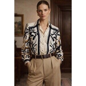 Vgt Francesca of Damon Equestrian Silk European Scarf Chain Print Blouse Size 4